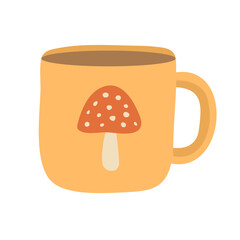 Cute orange mug with hot tea and mushroom print. Hand drawn flat vector illustration.