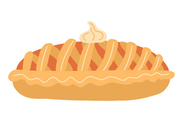 Pumpkin pie with lattice crust and whipped cream on top. Hand drawn flat vector illustration.