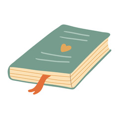Closed green book with a heart on the cover and a red ribbon bookmark. Hand drawn flat vector illustration.