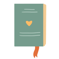 Vertical green book with a heart on the cover and orange ribbon bookmark. Hand drawn flat vector illustration.