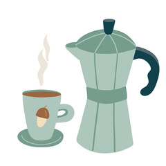 Flat hand drawn illustration of a moka pot and a cup with hot coffee in soft green tones, decorated with an acorn. Perfect for cozy autumn designs, cafe branding, or seasonal prints.