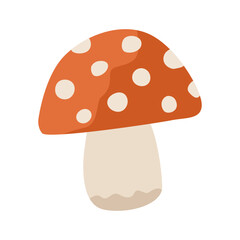 Red mushroom with white dots,  fly agaric, classic autumn toadstool shape. Hand drawn flat vector illustration