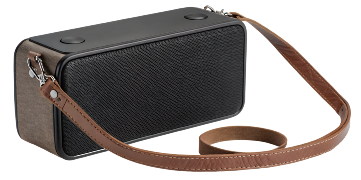 Stylish portable bluetooth speaker with a brown leather strap and textured wood grain accents isolated on transparent background