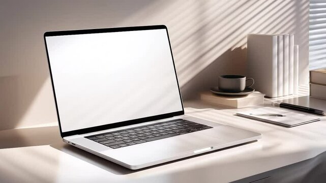 An open laptop with a blank white screen sits on a white desk, beside books, a notepad, a pen, and a coffee cup, under striped window light.