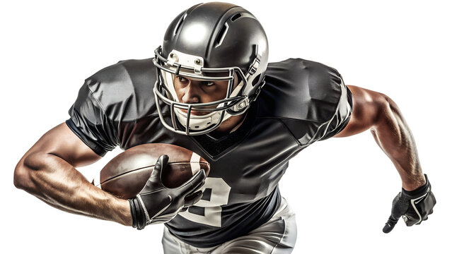 An american football player in action running with the ball isolated on transparent background - Powered by Adobe