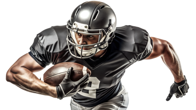 An american football player in action running with the ball isolated on transparent background
