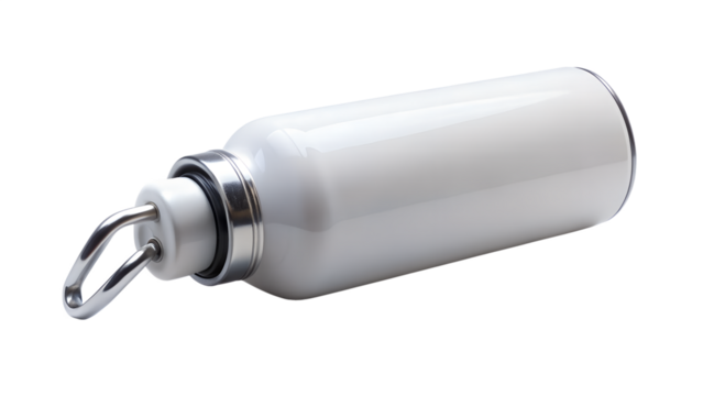 A white metal water bottle for hydration and fitness isolated on transparent background