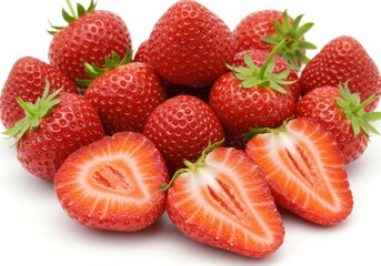 A pile of fresh red strawberries, some halved, isolated on white background