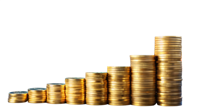 Stacks of golden coins in ascending order are isolated on transparent background, symbolizing financial growth and investment success
