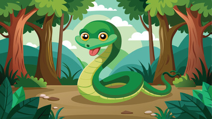 Cartoon Green Snake Illustration with Yellow Eyes in a Forest Background