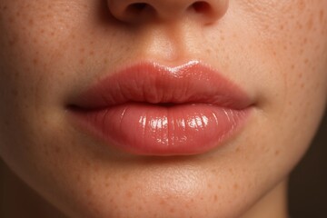 Naklejka premium Close-up detail shot of natural glossy lips and freckled skin