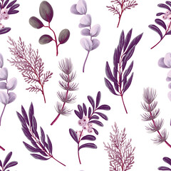 Vector Christmas seamless pattern with greenery pods cotton and berries