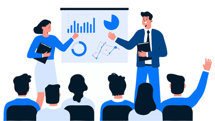 This vector set features diverse business people icons, including silhouettes with charts and graphs, symbolizing finance and office occupations