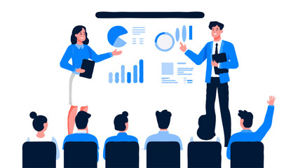 This vector set features diverse business people icons, including silhouettes with charts and graphs, symbolizing finance and office occupations