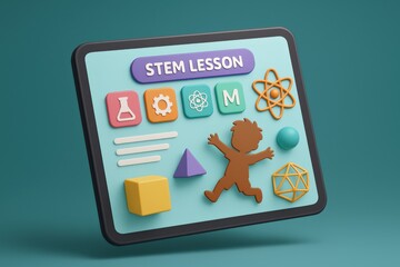 "colorful digital learning interface for stem education with playful icons and shapes"