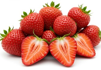 A pile of fresh red strawberries, some halved, isolated on white background