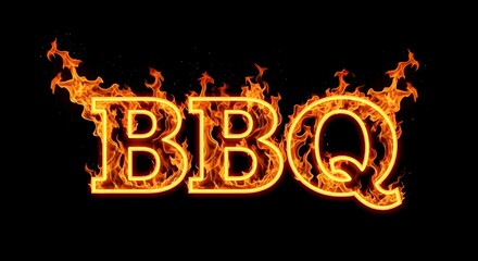 BBQ Text in Flames Fire Effect on Black Background - Barbecue Grill Restaurant Concept