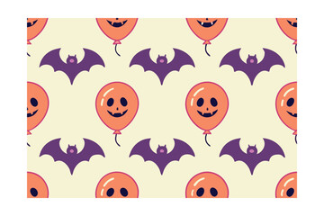 Orange Halloween balloons with ghost faces purple bat silhouettes on a cream pattern