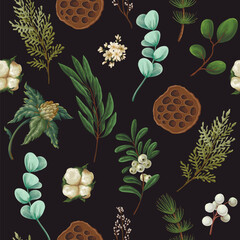 Vector Christmas seamless pattern with greenery pods cotton and berries