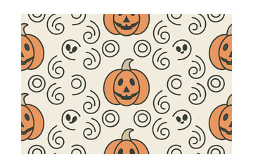 Seamless Halloween pattern with smiling orange pumpkins ghosts swirling shapes on cream