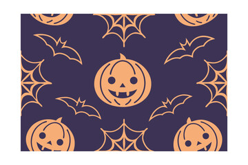 Orange pumpkins bats spiderwebs repeating pattern on a dark blue halloween vector