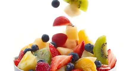 Cubed fruits like pineapple, kiwi, and strawberries, along with blueberries, are falling into a white bowl. - Powered by Adobe