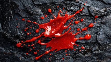 Bright red sriracha sauce creating intricate splashes on a charcoal stone background, adding fiery energy,
