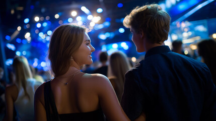 Friends Enjoying a Night Out at a Vibrant Club Entrance
