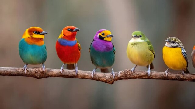 Five colorful birds perch on a branch.