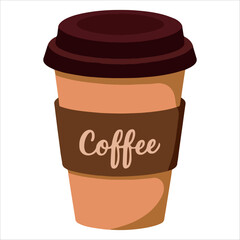 Minimalist takeout coffee cup with brown sleeve illustration. Flat lid design isolated on white, ideal for modern cafe menus and mobile ordering interfaces.