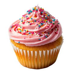 Vanilla cupcake with pink frosting isolated on transparent background.
