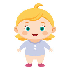 Obraz premium happy baby girl, smiling toddler, cheerful child, blonde baby, light skin baby, full body baby girl, full-length toddler, standing baby girl, cartoon baby, young child character, white background, fla