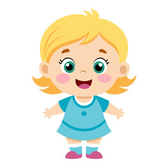 happy baby girl, smiling toddler, cheerful child, blonde baby, light skin baby, full body baby girl, full-length toddler, standing baby girl, cartoon baby, young child character, white background, fla