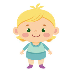 happy baby girl, smiling toddler, cheerful child, blonde baby, light skin baby, full body baby girl, full-length toddler, standing baby girl, cartoon baby, young child character, white background, fla