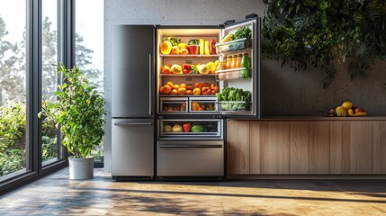 Open fridge, fresh produce, modern kitchen, sunlight