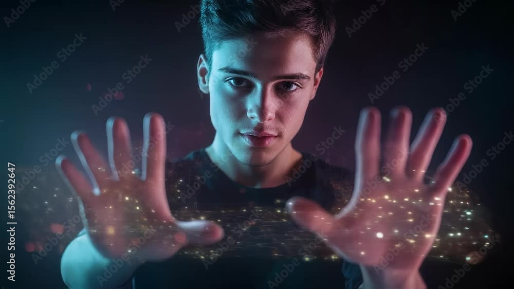 Poster a young man interacts with dynamic and vibrant holographic graphics displayed in a darkened environm