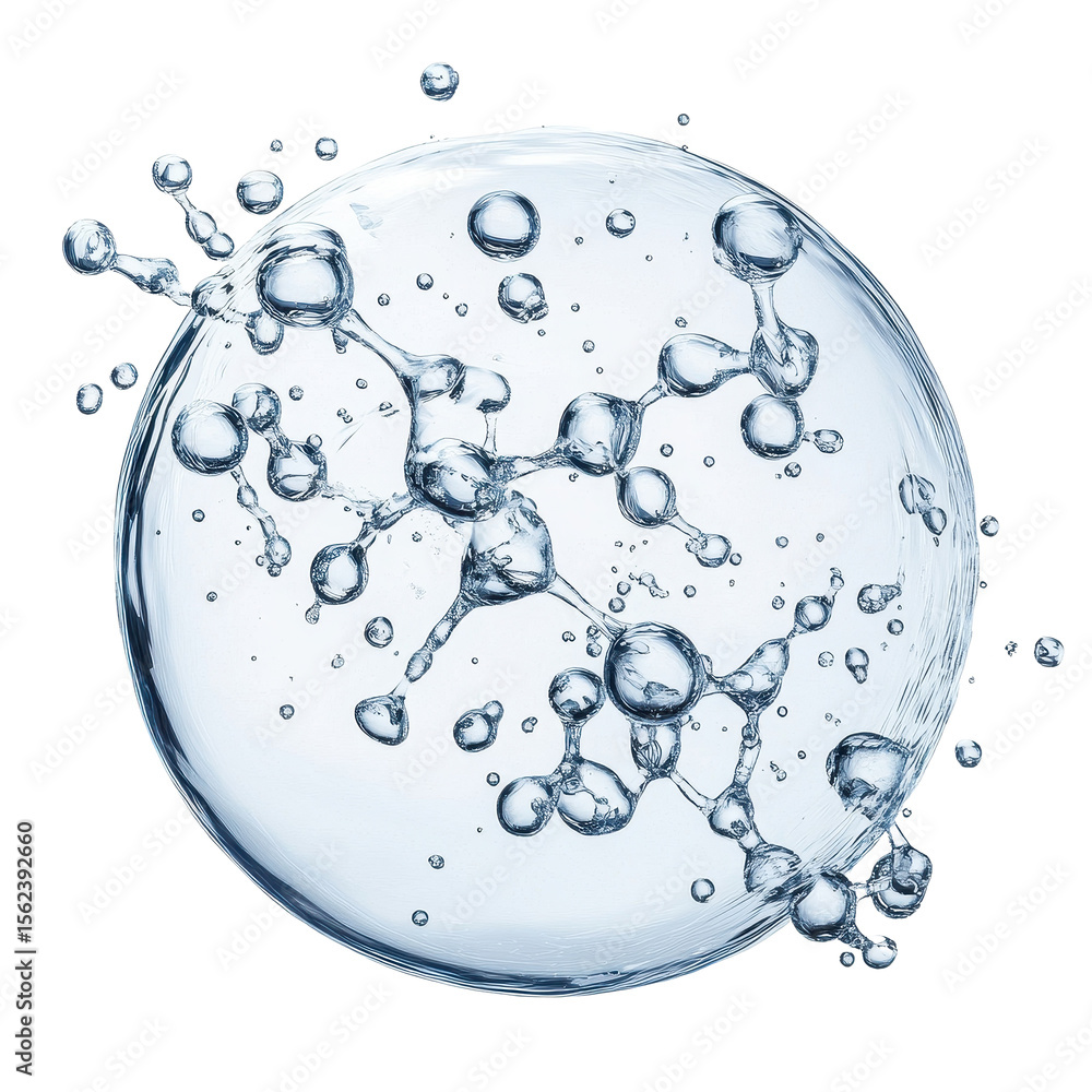 Poster molecule structure and water bubble against a clean transparent background captured in a clear desig