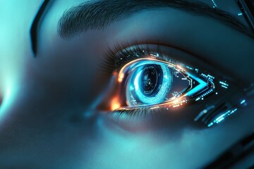 Futuristic art showcasing blinking pupils with vibrant digital patterns in a cybernetic eye design, The blinking pupils in the eyes of a futuristic Artificial Intelligence cyborg