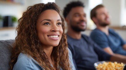Smiling african female and friends watching movie on cozy sofa at home.
