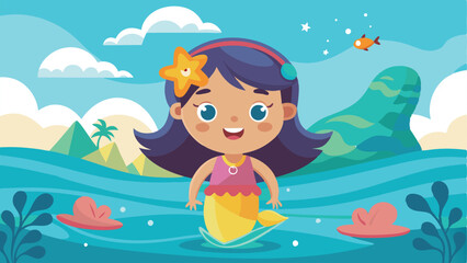 Cartoon Mermaid with Starfish Hairpin in Ocean Scene Illustration Graphic Design