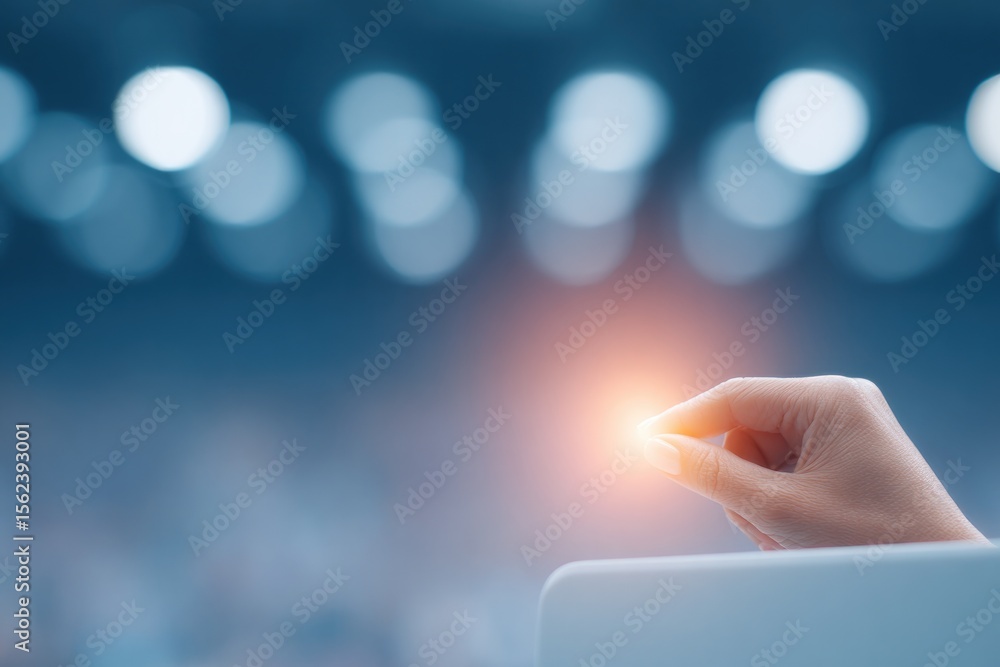 Poster close-up of speaker hand pressing clicker for presentation slide lighting flare stage podium softly 