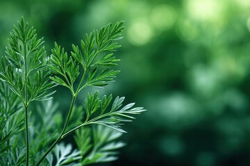 Naklejka premium Vibrant green leaves close-up in lush natural setting with soft bokeh background.