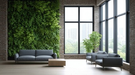 Modern indoor living room with vertical garden and large windows overlooking cityscape.