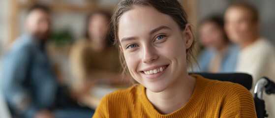 Empowering smiles young woman in wheelchair indoor setting portrait