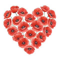 Red poppies arranged in a heart shape on a transparent background. Watercolor style illustration. Perfect for Valentine's Day, romantic designs, or remembrance.