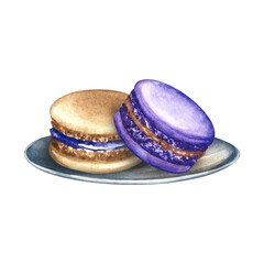 Macaron almond cookies on a saucer. Hand-drawn watercolor illustration. Purple and bread colors. An element of your design. For banners, websites, packaging, menus, flyers, and more.