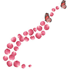 Pink rose petals and butterflies forming a winding path on a transparent background. The image features delicate, soft hued petals and vibrant butterflies in a whimsical arrangement.