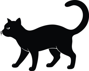 black cat silhouette walking, simple domestic feline animal vector graphic