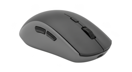 Close up view of a computer mouse with buttons and scroll wheel isolated on transparent background