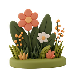3D render of a cheerful floral arrangement. Features coral and white flowers, green leaves, and small orange berry like accents. Set against a transparent background.